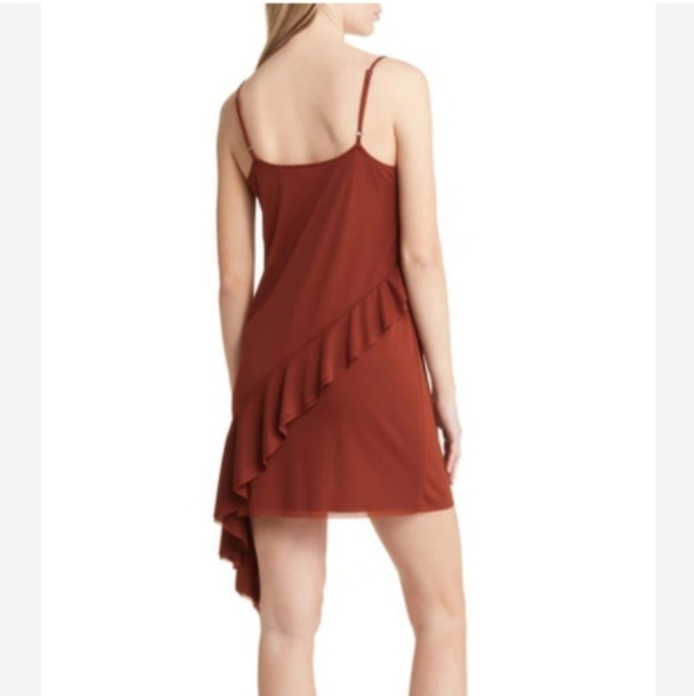 Nordstrom Open Edit Ruffle Mesh Mini Dress Rust Cherry S - Picture 2 of 11